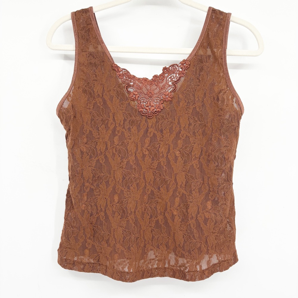 Cinema Etoile Womens Vintage Brown Floral Lace Romantic Fairycore Tank Top Large